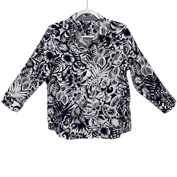 Chaps No Iron Navy Blue Floral Hawaiian Button Up Shirt Flip Cuffs Tropical Lrg - Picture 1 of 13